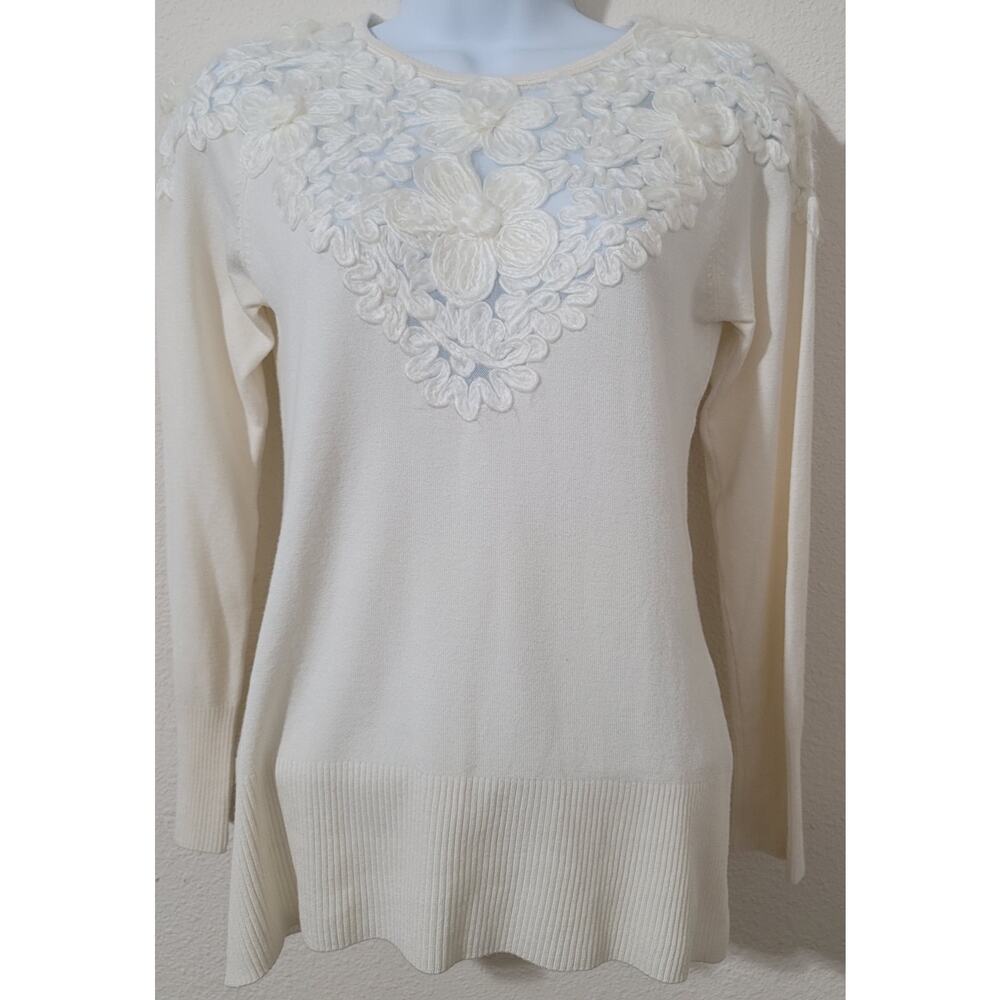 Laseine Cream Soft Stitched Flowers On Bodice Sweater Small Long Sleeve Delicate